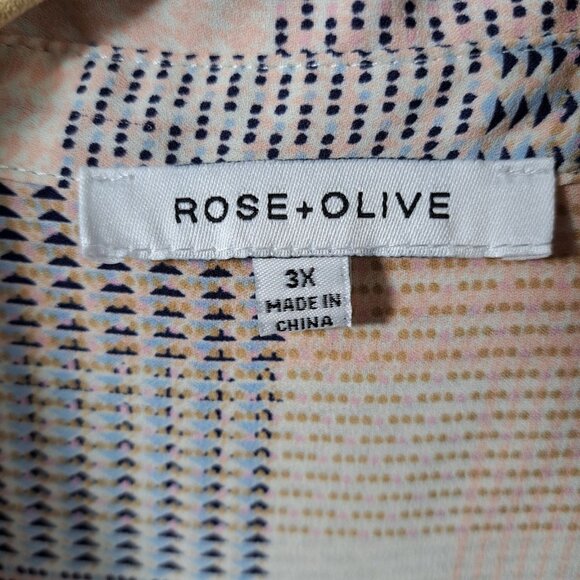 Rose+Olive Women 3X Plus Size Blouse Button 3/4 Sleeve Geometric Poly Peach Blue - Picture 3 of 16